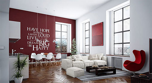 Salón moderno con pared vino tinto