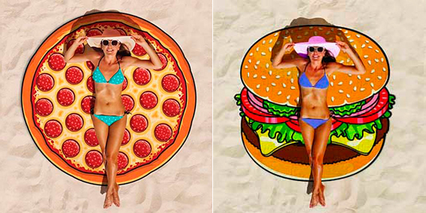Toallas de playa con formas de pizza y hamburguesa
