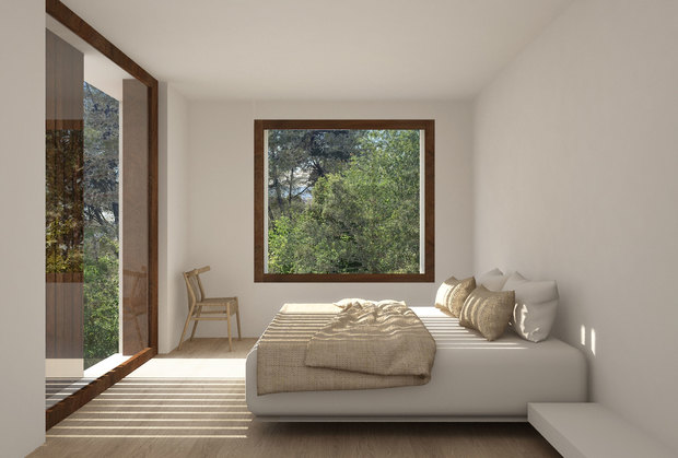Dormitorio de una casa integrada en el paisaje, obra del arquitecto Ramón Esteve