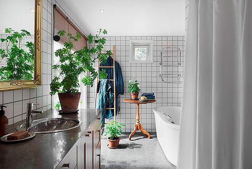Baño de una casa de madera con vistas al mar