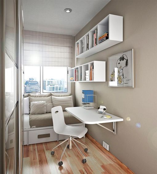 Cómo decorar habitaciones estrechas y alargadas: dormitorio con zona de trabajo