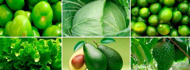 Frutas y vegetales de color verde