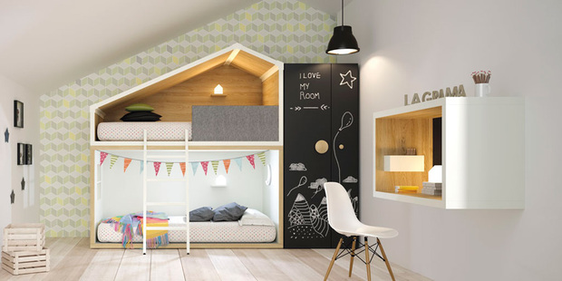 Dormitorio juvenil con literas en forma de casita Cottage de Lagrama