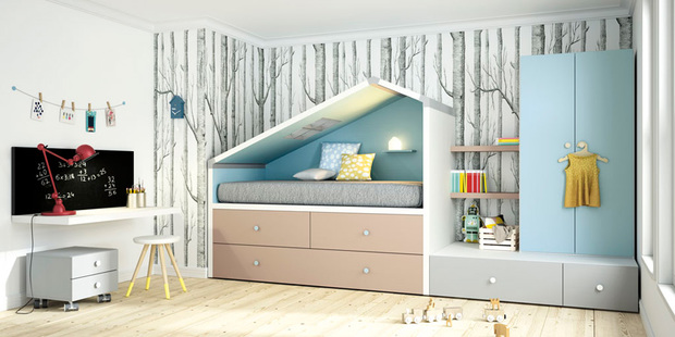 Dormitorio juvenil con literas en forma de casita y zona de estudio Cottage de Lagrama