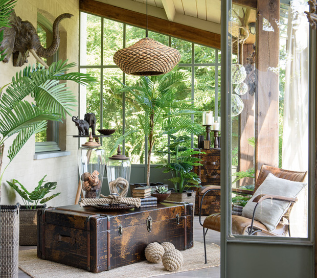 Ambiente interior decorado con palmas y palmeras