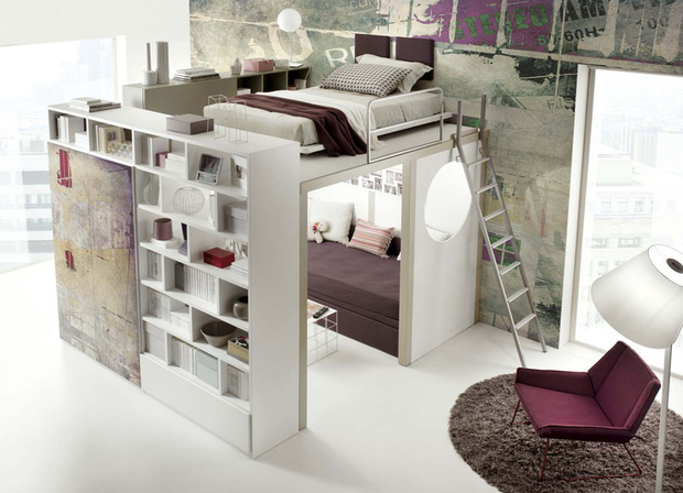 Habitación juvenil modular con mezzanine y zona de estar