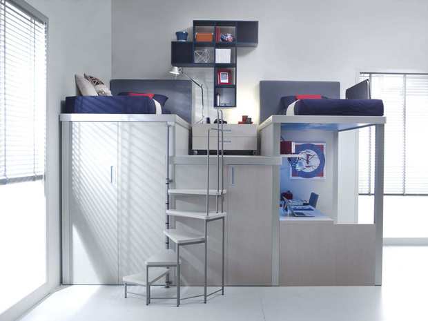 Habitación juvenil modular con dos camas y armarios inferiores