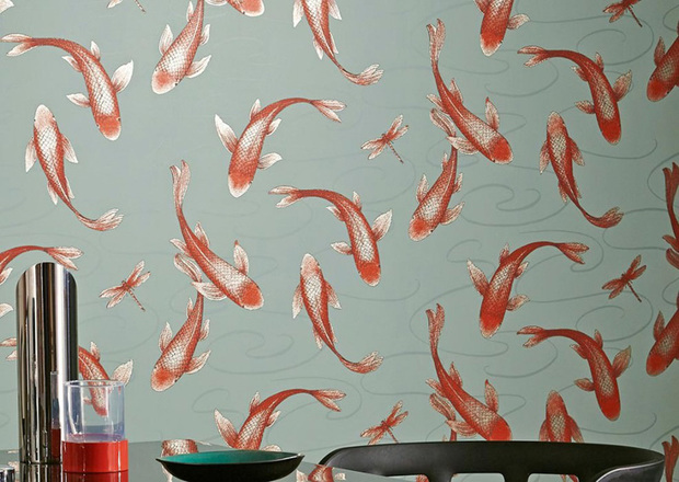 Papel pintado vinílico para baños de Papeles de los 70 con dibujo de peces