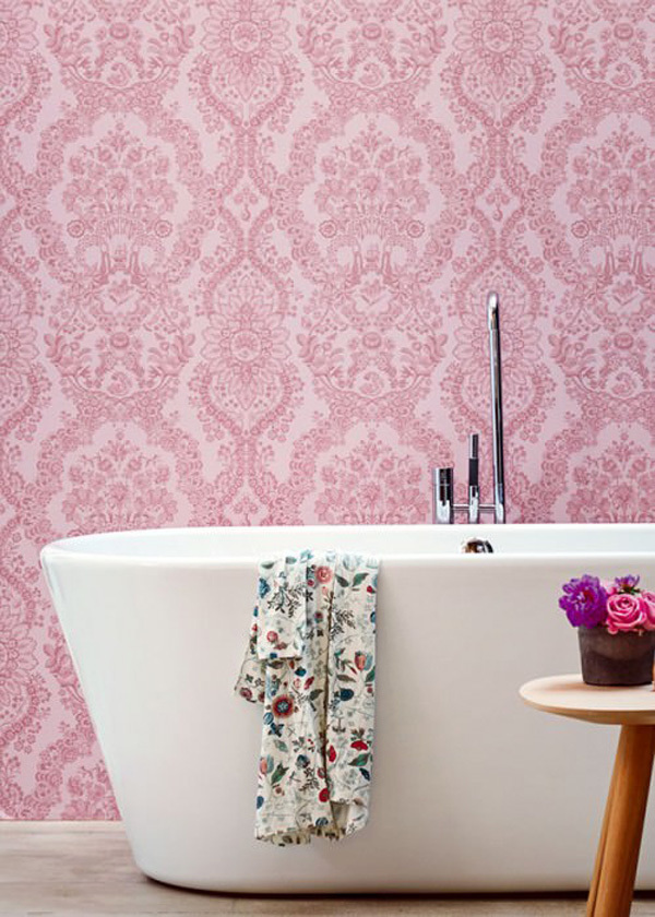 Papel pintado vinílico para baños de Papeles de los 70 con dibujo en rosa clásico